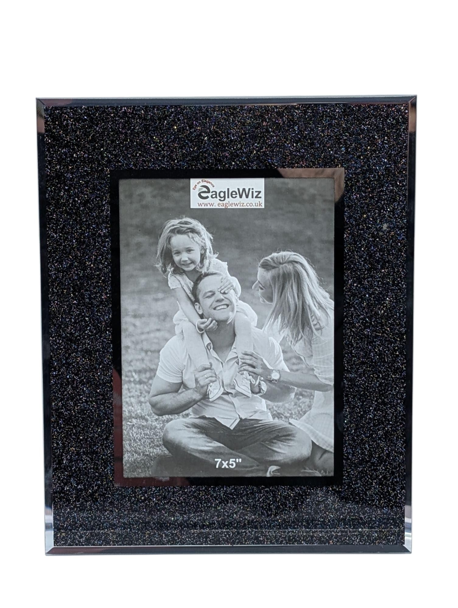 EAGLEWIZ Black Glitter Picture Mirror Glass Bling Glass Photo Frame with Silver Sparkle Mix Photo Frame 7" x 5" (18cm x 13cm)