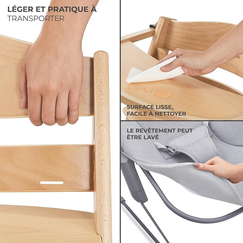 Kinderkraft ENOCK Chaise Haute Bébé + Transat CALMEE, en Bois Naturel, Chaise d'alimentation, Évolutive, Réglable, Puericulture Bébé, Très Solide, Design Universe