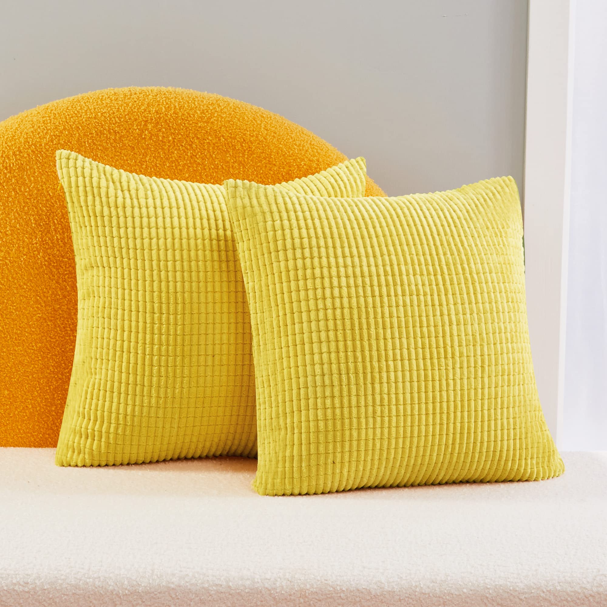 Deconovo Set of 2 Functional Corduroy Large Cushion Covers 65cmx65cm, 26x26 Inches Grid Square Pillowcases, Throw Pillow Casess Cushion Covers for Teens Girls(Lemon Yellow, 2 Pieces)