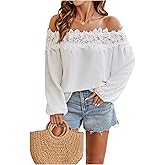 SweatyRocks Women's Off The Shoulder Lace Blouse Long Sleeve Casual Shirts Vacation Tops