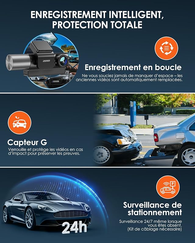 Dashcam Voiture 3 Canaux 4K avec SD 32 G, WiFi 6 Caméra Embarquée