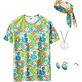 Inrajoper 4 PCS Hippie Costume for Mens 60s 70s Outfit Colorful T-shirt Accessories Set for Theme Party