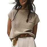 Fiona Jolin Women's Sleeveless Knit Sweater Vest Vintage Cap Sleeve Casual Mock Neck Tank Top with Front Pocket