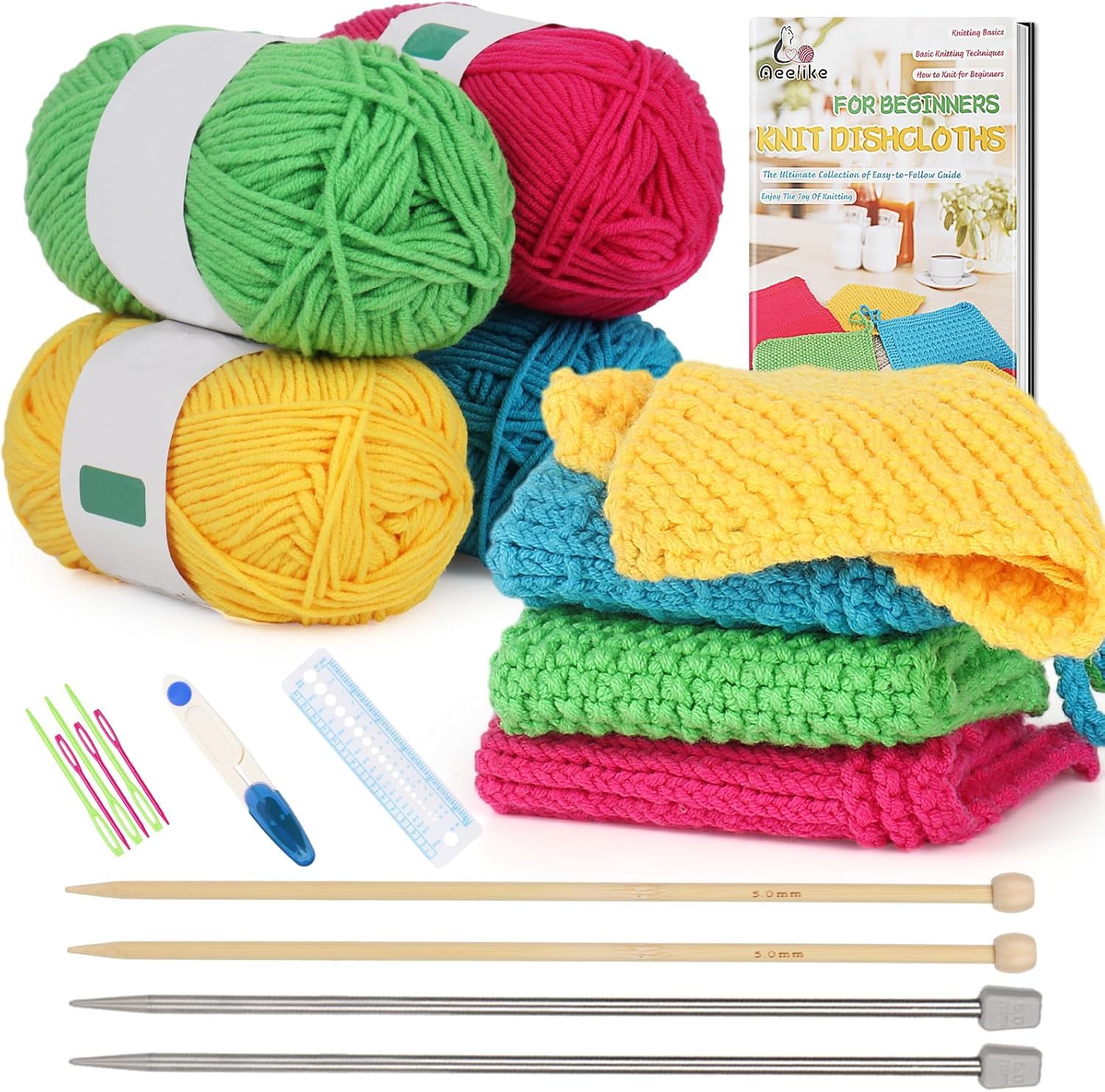 Photo 1 of Aeelike Knitting Kit for Beginners, Complete Beginner Knitting Kit Easy Knitting Set Including Knitting Needles Set Cotton Yarn, Learn to Knit Dishcloth with Step-by-Step Instructions, Colorful