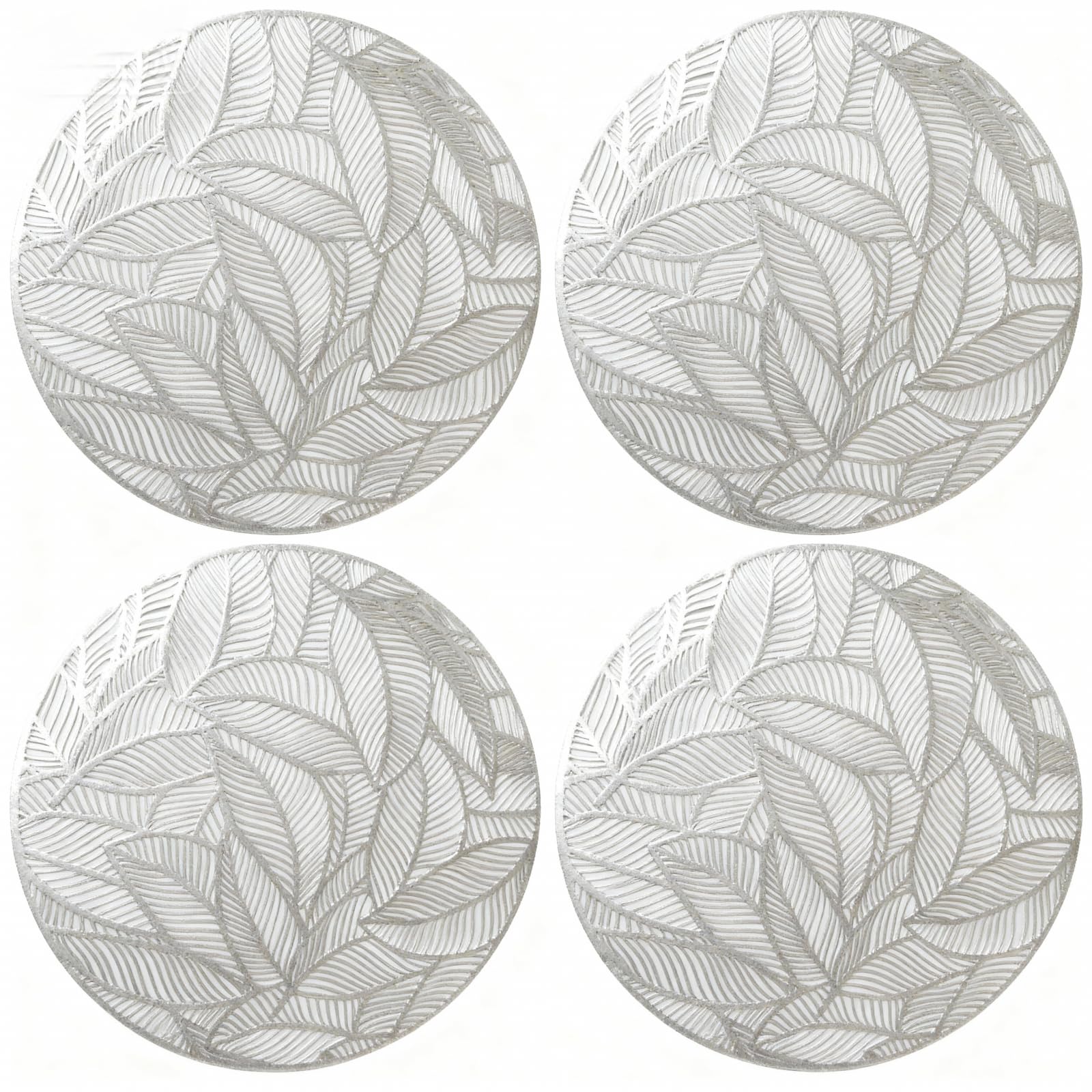 Photo 1 of Place Mat Set 4-piece Round PVC Table mats15 inches Heat-Resistant and Waterproof Round Place mats Easy to Clean Kitchen mats Thanksgiving Place mats with Leaf Cut-Out Design Silver Home Decoration