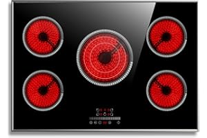 PLADECA 30 Inch Electric Cooktop, 5 Burner Stove Top with Slide Control, Built-In Ceramic Electric Stove 6900W with Metal Frame, Overheat Protection, Child Lock & Timer, 220-240V Hardwired