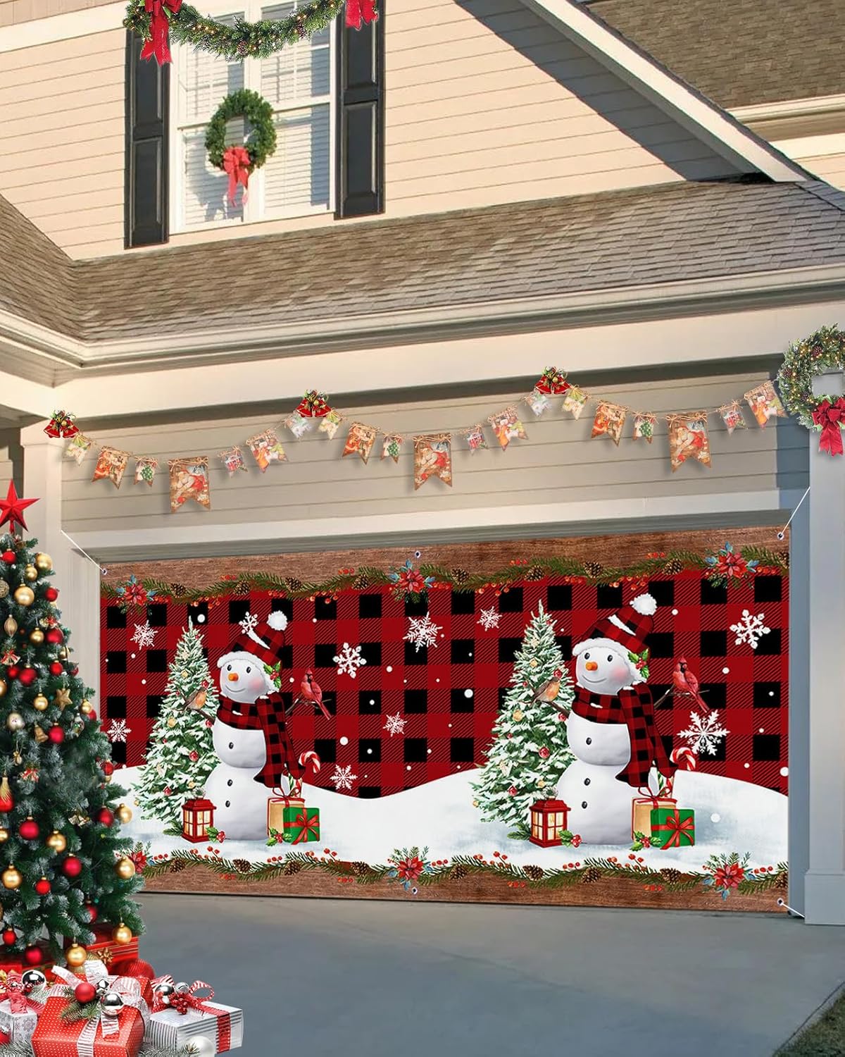 Garage Door Decorations - Christmas Garage Door Cover, Christmas Snowman Xmas Tree Red Black Buffalo Plaid Holiday Garage Door Banner Cover Mural, Large Banner Backdrop Wall Decor Garage Door Decorations Party Supplies,7x16ft