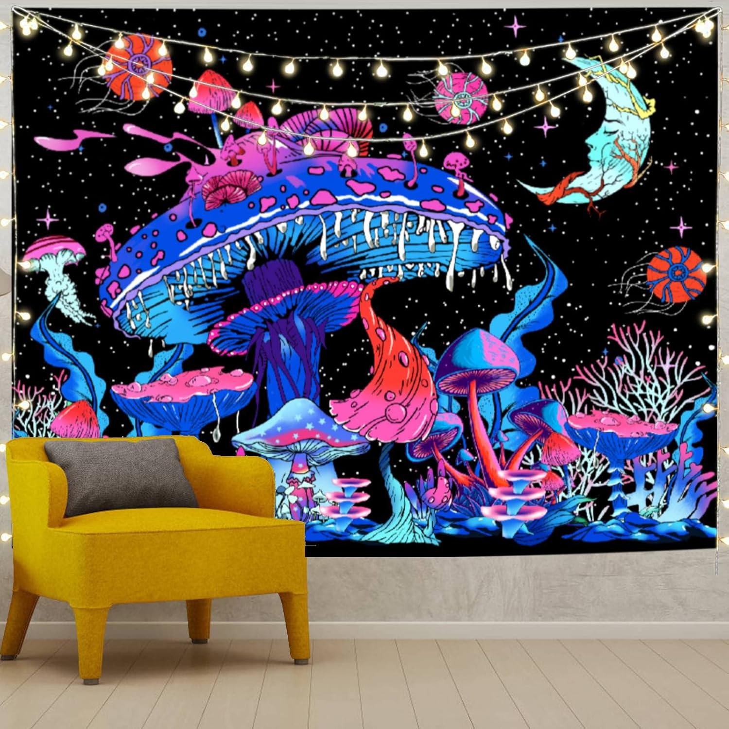 Tapestries - Apdidl Mushroom Tapestry for Bedroom Aesthetic Nature Plant Forest Moon Stars Mystical Night Sky Vintage Tapestry for Living Room Decor with Wall Hanging Accessories (51