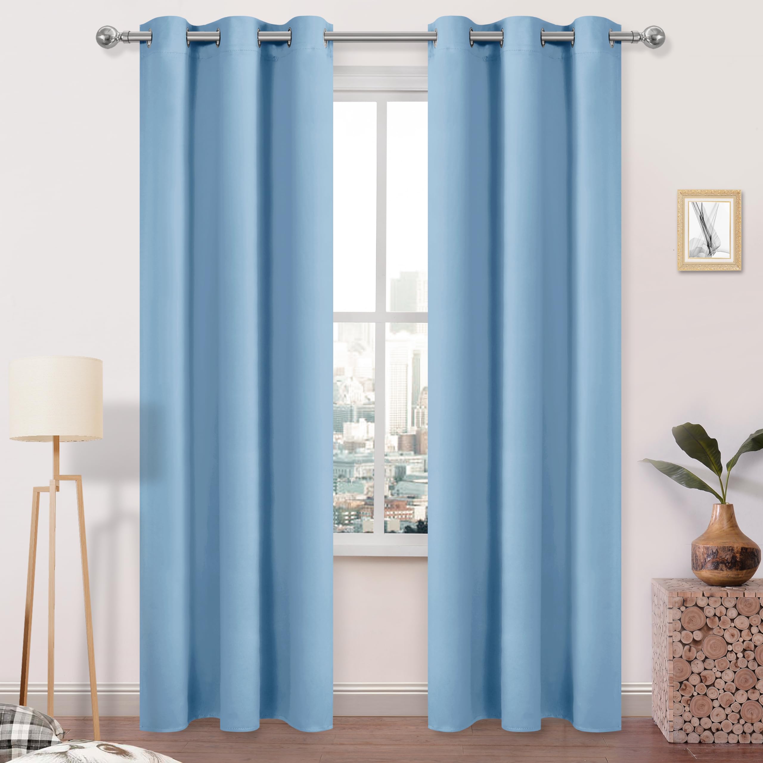 DWCN Room Darkening Blackout Curtains for Bedroom, Thermal Insulated Privacy Grommet Drapes for Living Room - 42 x 84 Inches Long, 2 Panels, Light Blue