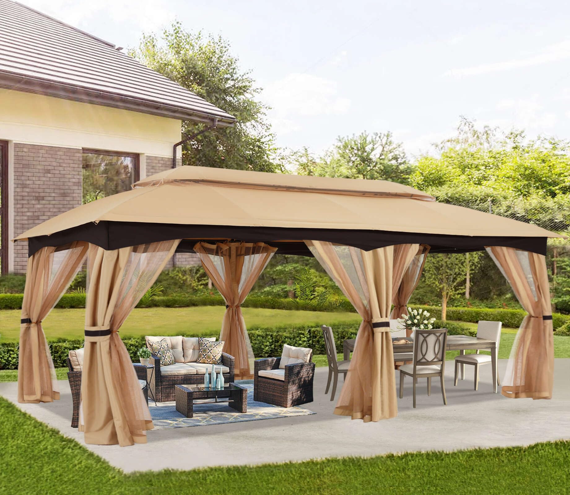 ABCCANOPY Outdoor Patio Gazebo 10x20 - Double Roof Canopy with Mosquito Netting for Backyard, Deck, Garden, Lawn, Beige Image