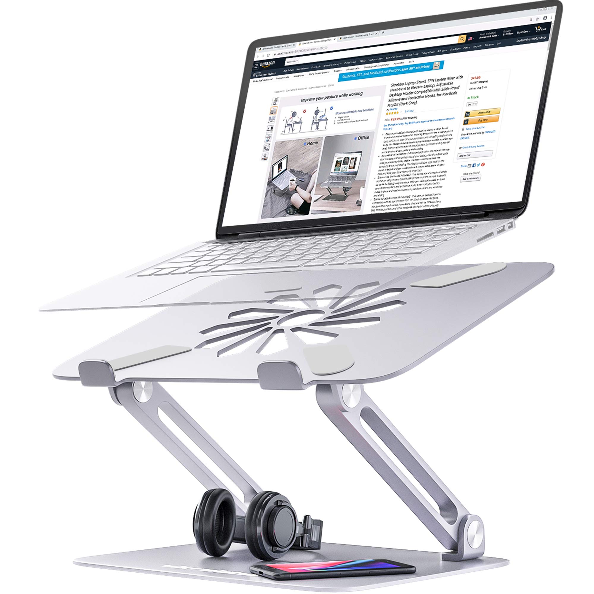 skrebba Laptop Stand, Laptop Riser with Heat-Vent to Elevate Laptop, Adjustable Ergonomic Computer Stand Holder for Laptop, Compatible with MacBook, Air, Pro All Laptops 10-17" (Silver)