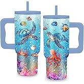 Sea Turtle Gifts - 24 oz Tumbler with Handle and Straw, Insulated Stainless Steel Cup, Leakproof, Blue Ocean Animal Lover Turtle Design Travel Mug for Women Fits Car Cup Holders, Keeps Drinks Cold/Hot