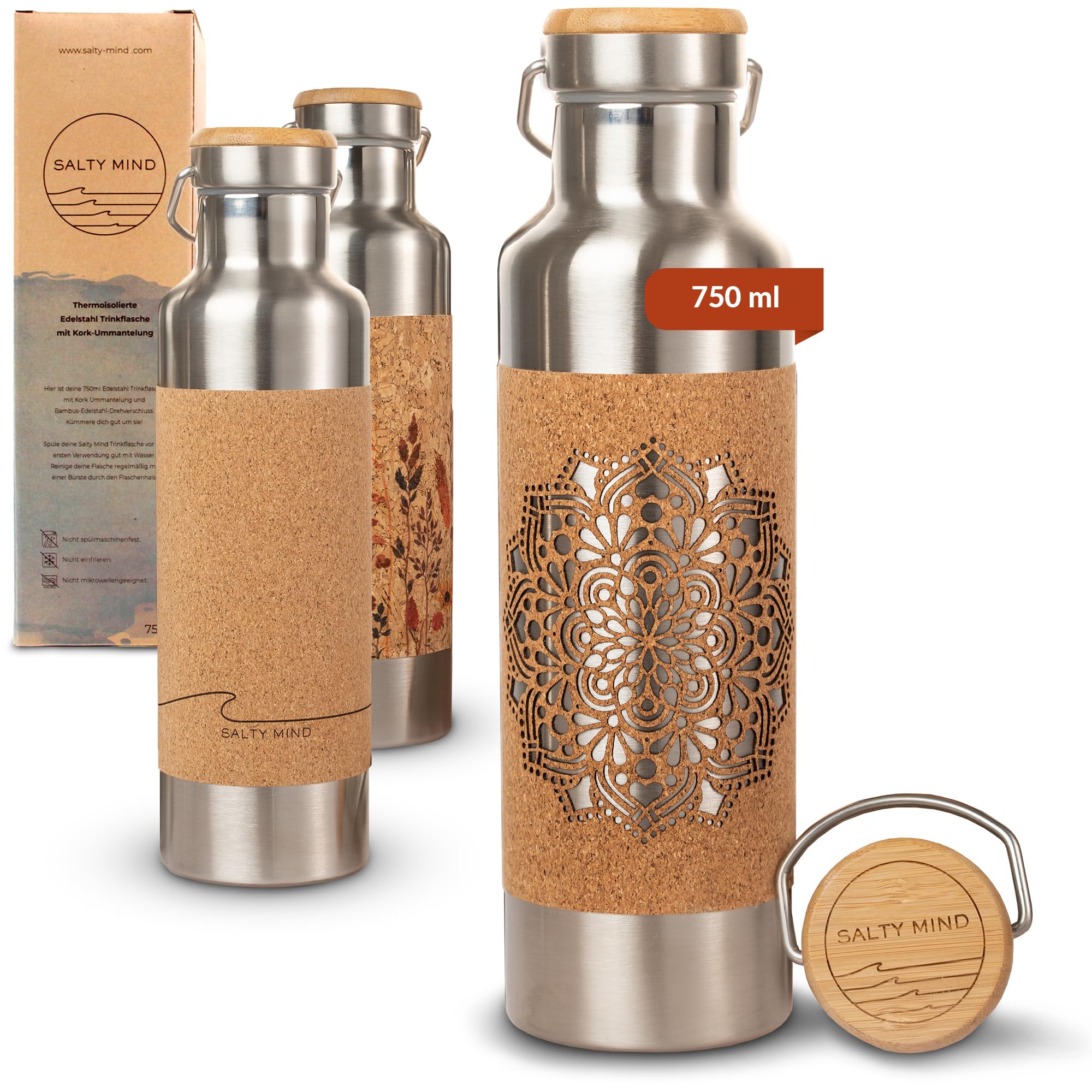 Salty Mind Stainless Steel Drinking Bottle 750 ml - Sustainable, Insulated Thermal Water Bottle Stainless Steel Leak-Proof - Insulated Bottle without Harmful Substances, BPA Free - Thermal Drinking