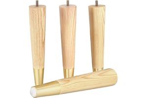 AIRY ABODE Ash Wood Furniture Legs With Gold Caps - Mid Century Legs For Sofa, Chair, Table, Dresser, Bed, Cabinet, Ottoman - Wooden Legs Are Easy To Install & Include Installation Hardware - Set of 4, 10 Inches