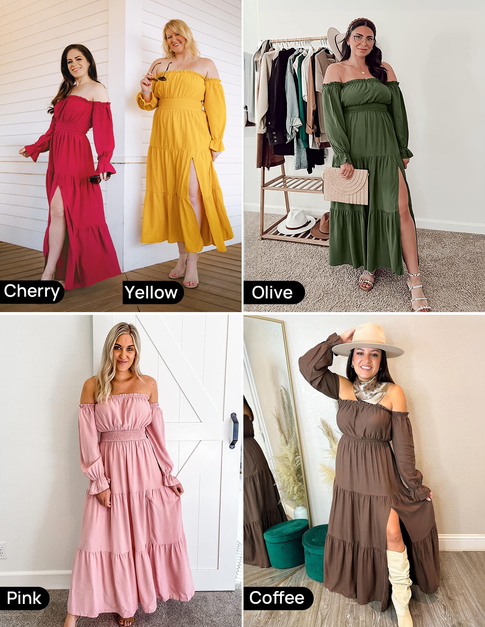 ZESICA Women's 2025 Boho Sexy Off Shoulder Long Sleeve Smocked High Waist Side Split Flowy A Line Tiered Long Maxi Dress