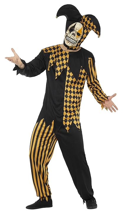 Smiffys Herren Hofnarr Kostüm, Oberteil, Hose, Kopfteil und Latex Maske, Größe: S, 48074