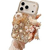 iFiLOVE for iPhone 17 Pro Bling Diamond Case, 3D Luxury Sparkle Glitter Crystal Rhinestone Butterfly Flower Pendant Charm Case Cover for Girls Women Kids (Champagne)