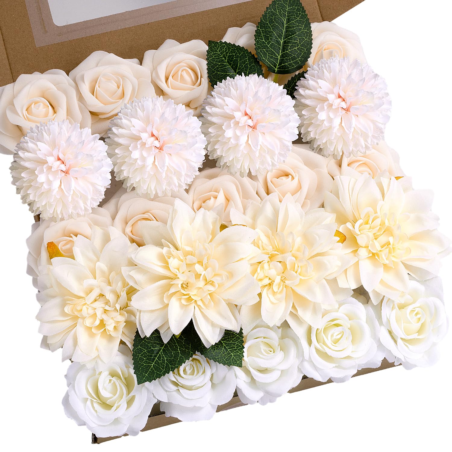 BSMYBO White Flower Artificial Roses Faux Flowers with Stems Mix Fake Roses Dahlia Chrysanthemum Ball for Wedding Bridal Bouquets, Table Centerpieces, Baby Shower, Party, Home Decorations