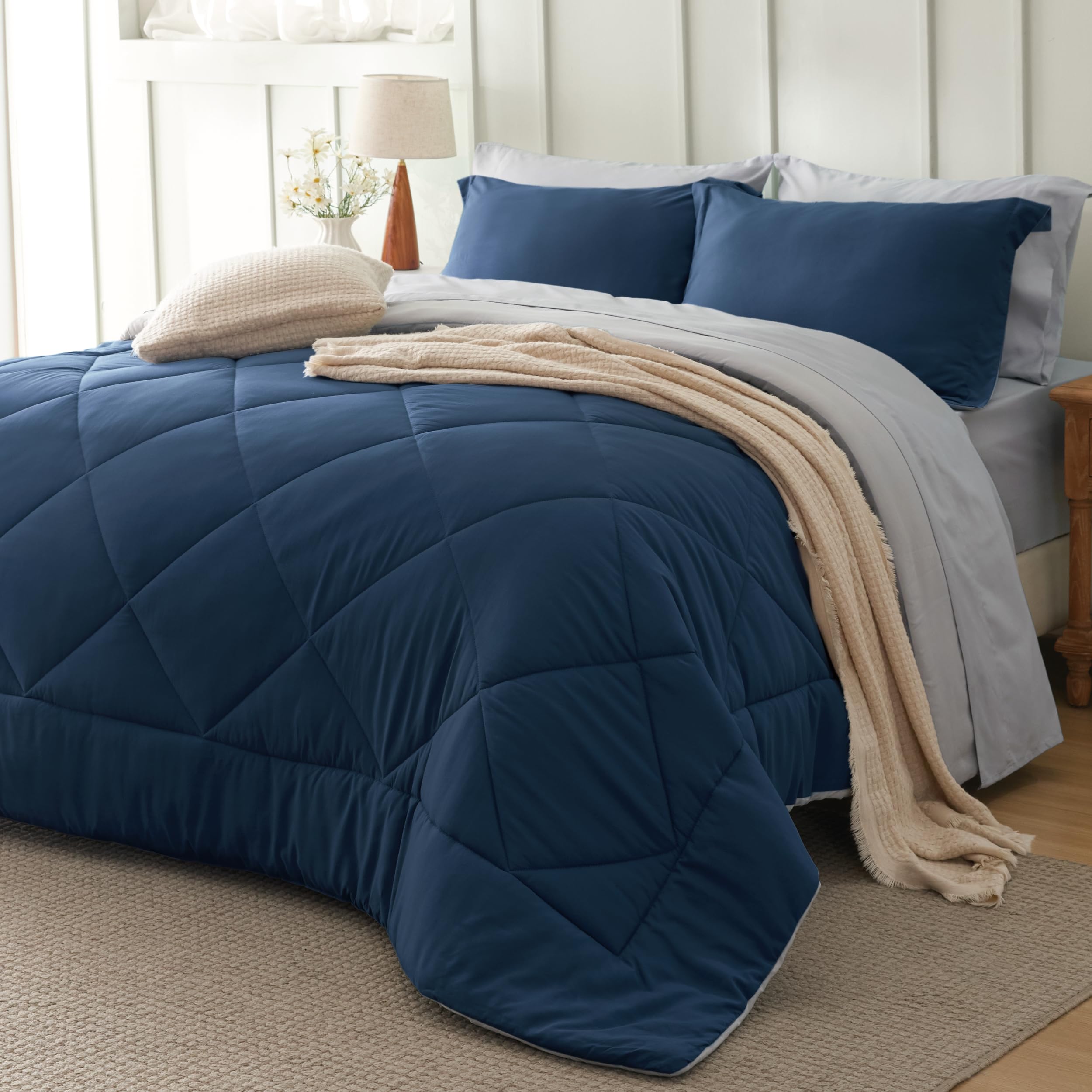 Photo 1 of Bedsure Queen Comforter Set - 7 Pieces Reversible Navy Bedding, Queen Size Bed Set for All Seasons, Bed in a Bag with Down Alternative Comforter, Sheets, Pillowcases & Shams