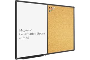 JILoffice White Board & Bulletin Corkboard Combination, Combo Board 48 x 36 Magnetic Whiteboard, Black Aluminum Frame Wall Mounted Board for Office Home and School with 10 Push Pins