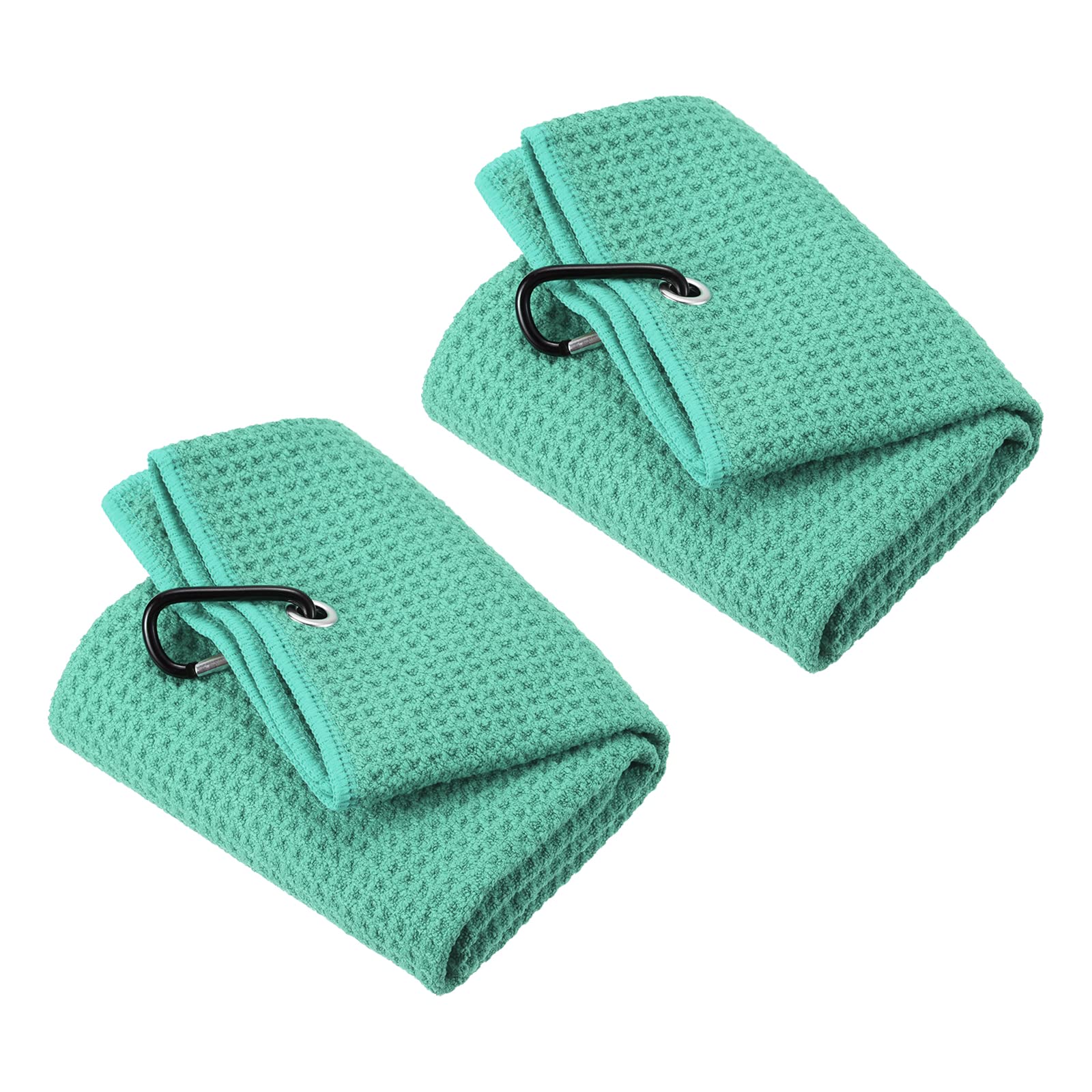 PATIKIL 20"x16" Tri-Fold Golf Towels, 2 Pack Waffle Pattern Towels Soft Fiber Strong Water Absorption with D Clip for Golf Lovers, Green