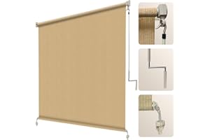 Artpuch Outdoor Roller Shade 8'(W) x8'(H) Fabric Blind Sesame 220GSM Roll Up Shade, Wand Operation Exterior Roller Shades Cloth for Patio Porch Gazebo, Spliced of Two Sections