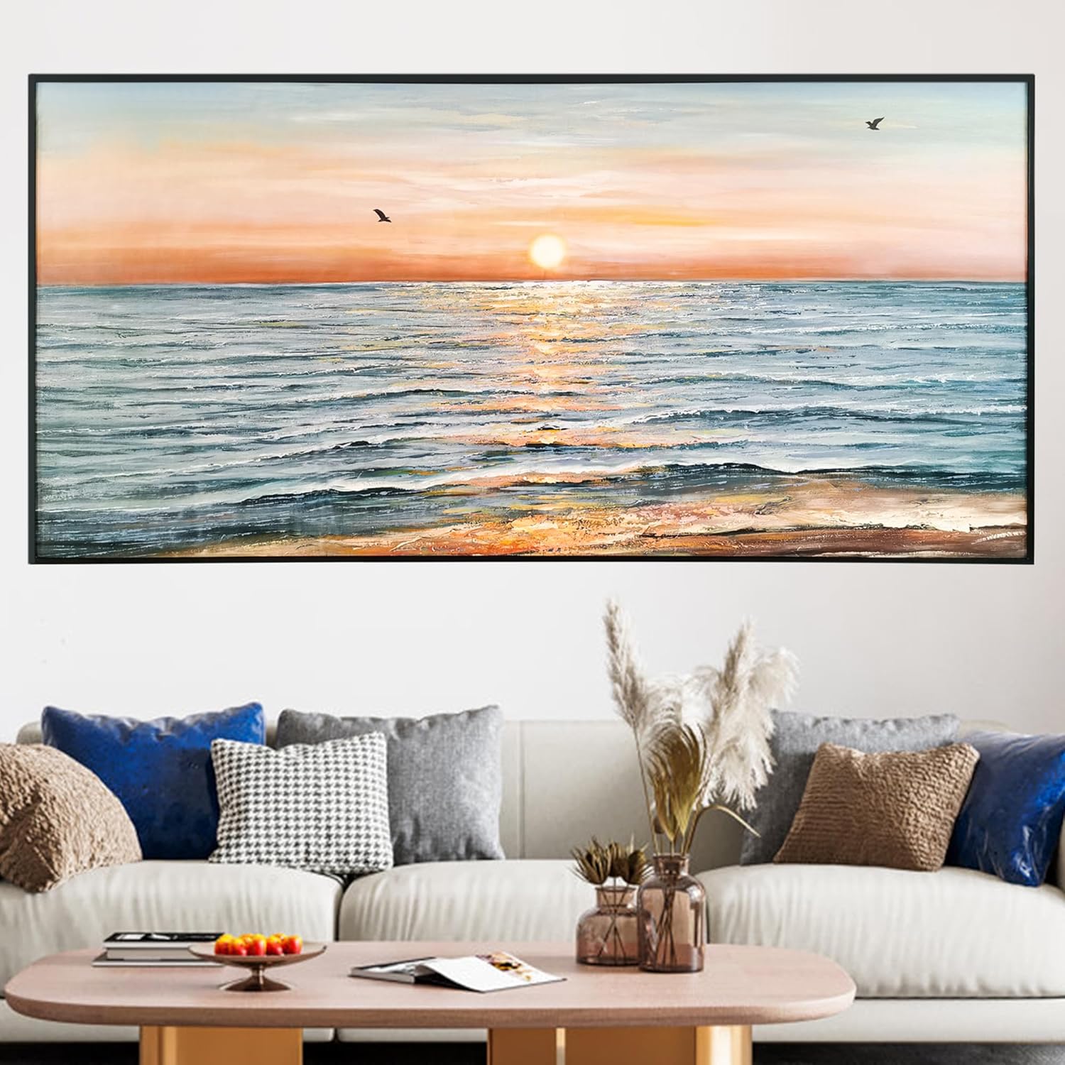 Paintings - Wall Art Paintings for Modern Wall Decor, 100% Hand-Painted Large Canvas Wall Art for Living Room, Ocean Sunset Oil Paintings with Metal Frame, 78.8 * 39.4 inch
