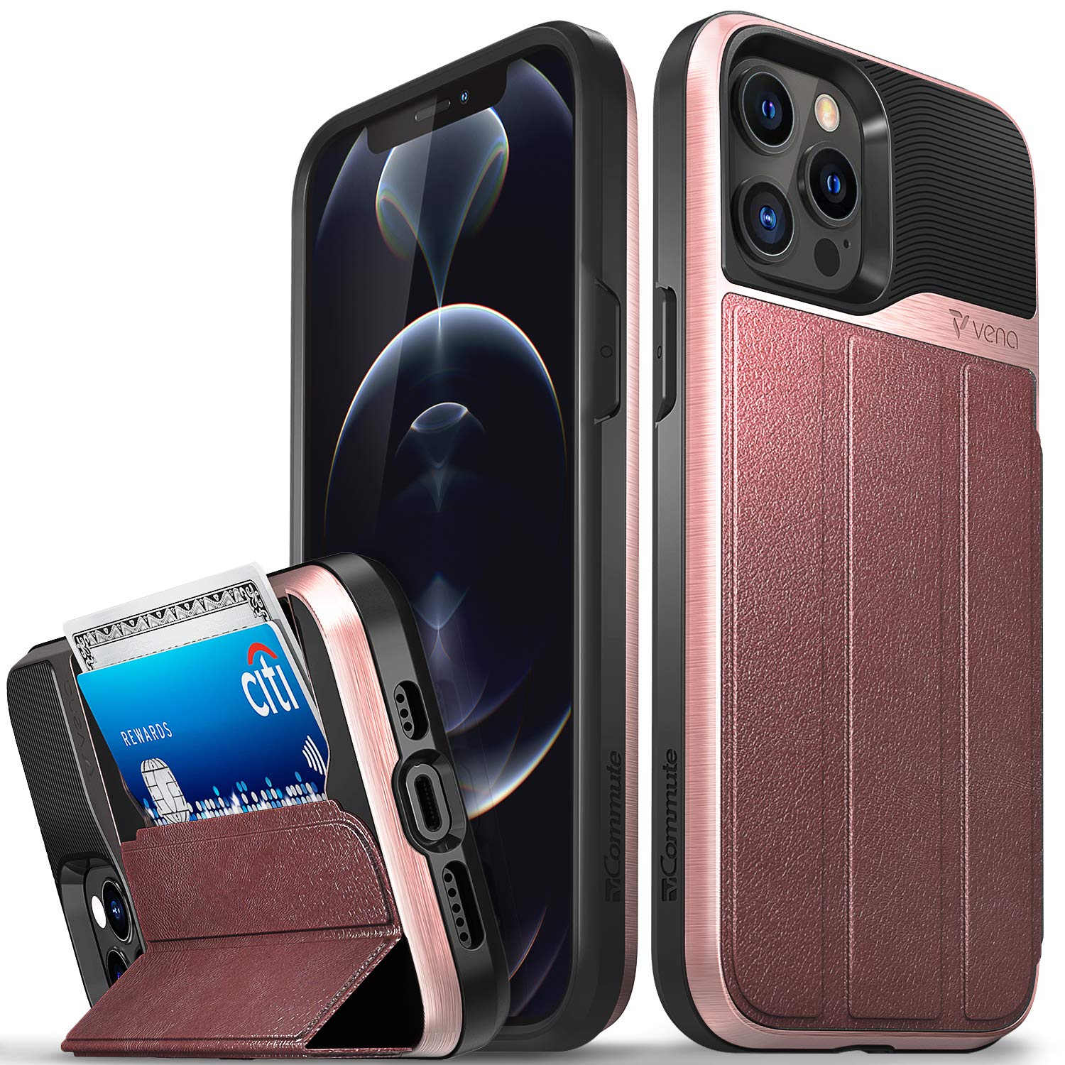 VENA vCommute Wallet Case Compatible with Apple iPhone 12 Pro Max (6.7"-inch), (Military Grade Drop Protection) Flip Leather Cover Card Slot Holder with Kickstand - Rose Gold