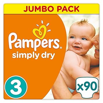Pampers Simply Dry Windeln, Größe 3 (Midi) 4-9 kg, Jumbo Pack, 2er Pack (2 x 90 Stück)
