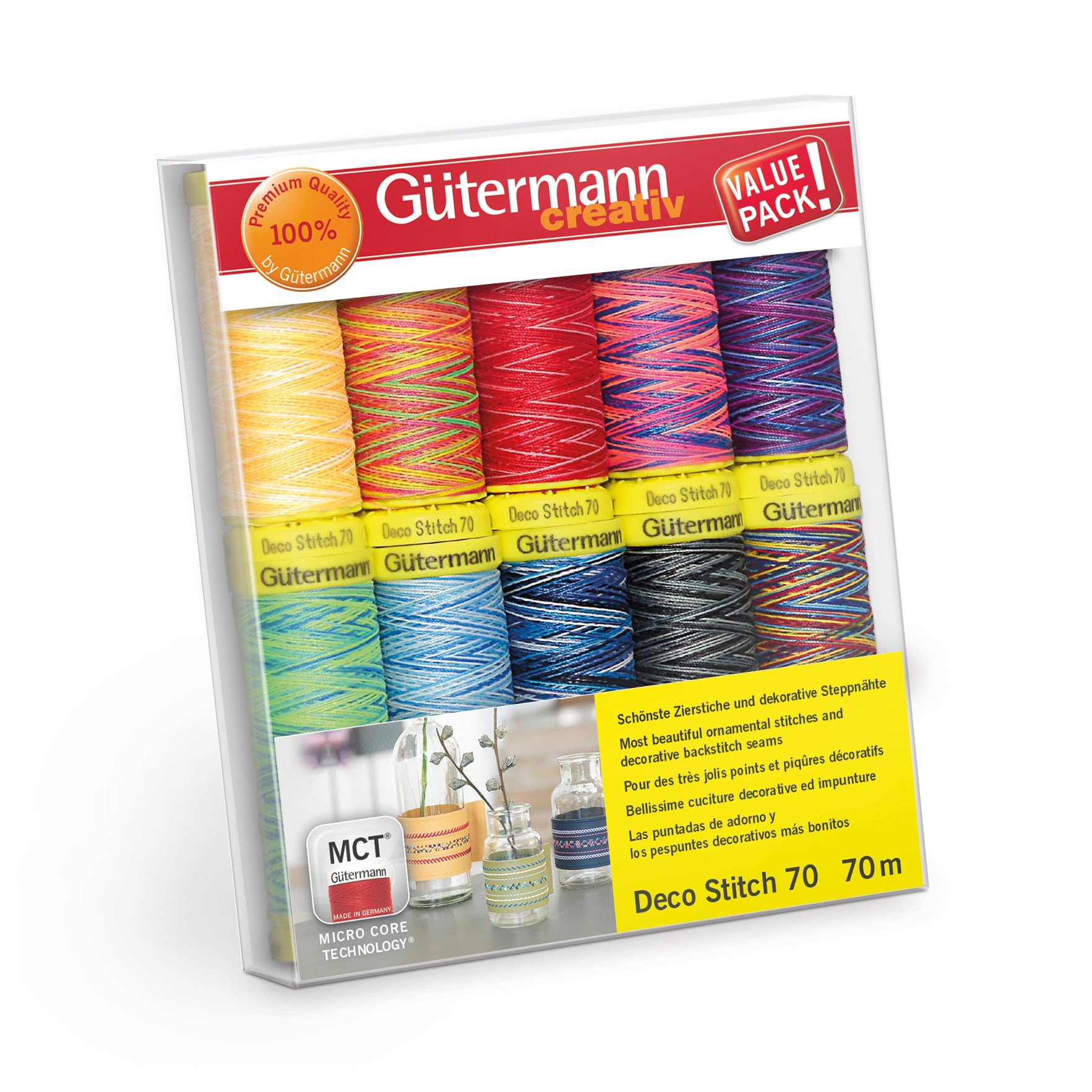 Gütermann creativ Sewing Thread Set with 10 spools of Decorative Thread Deco Stitch 70 70 m in Different Multicolour Colours