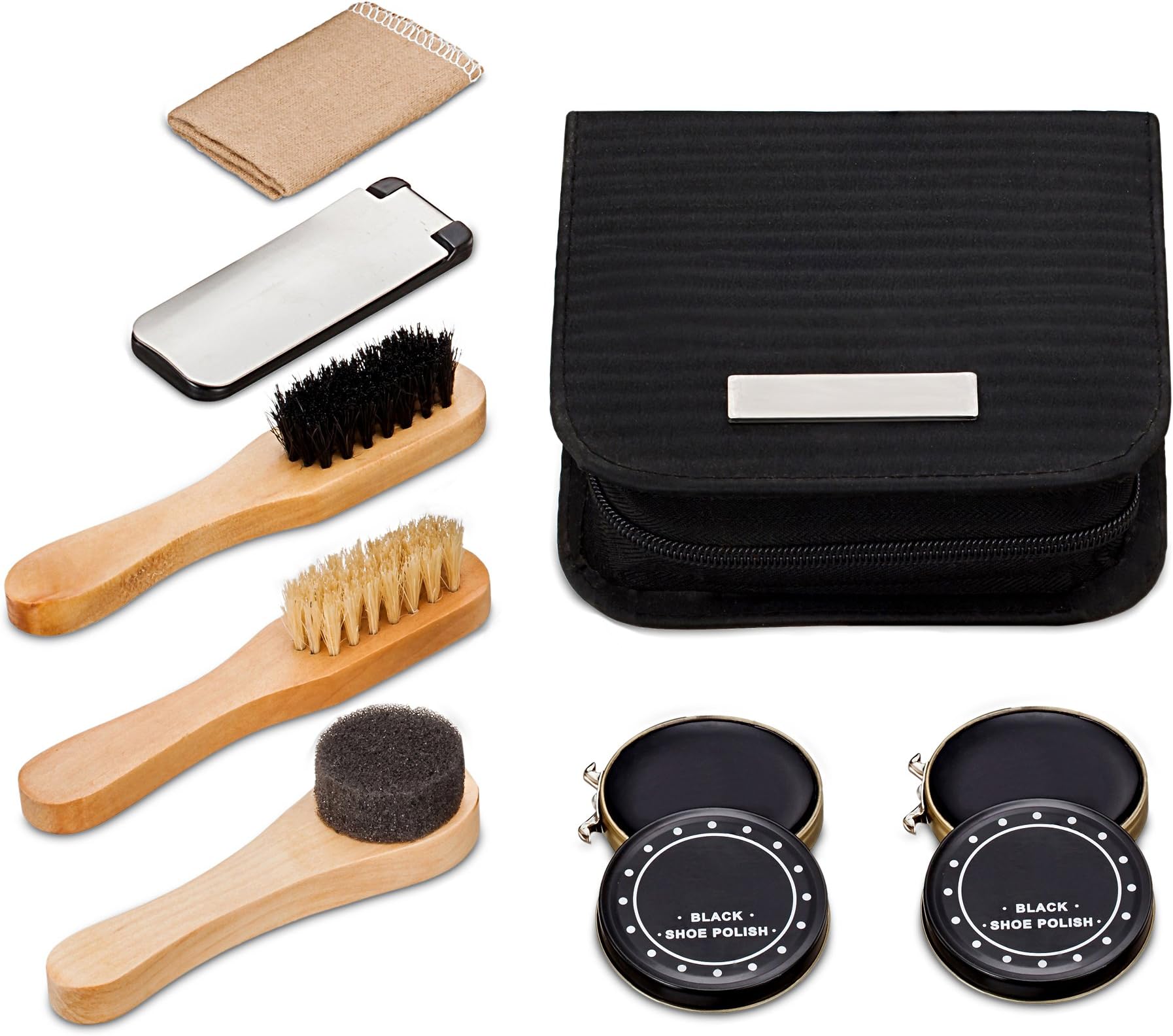 chuanyuekeji Shoe Shine Kit & Shoe Care Valet PU Leather Sleek Elegant Case, 7-Piece Travel Shoe Shine Brush kit (Black)