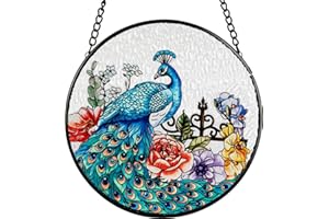 BLISSIQUEE Stained Glass Wall Hanging Ornament Peacock Pattern, Suncatcher Four Seasons Theme Colorful Leaves Window Hand-Painted Glass Panel Decor Gift for Women Christmas Thanksgiving Gift 5.9’’*5.9’’