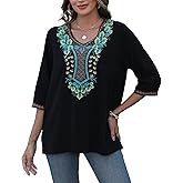 AK Women Boho Embroidered Tops Mexican 3/4 Sleeve Peasant Shirt for Women Traditional Floral Plus Size Blouses
