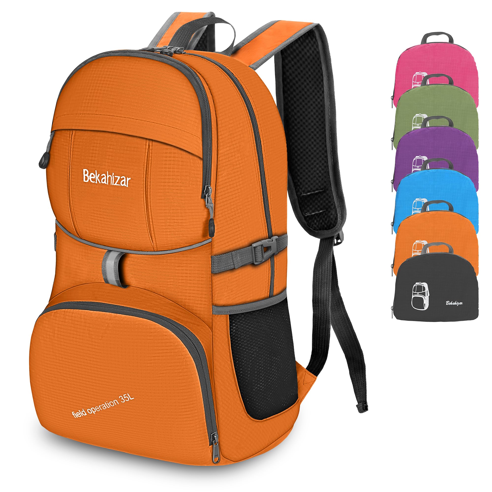 Bekahizar Lightweight Foldable Backpack 35L Hiking Rucksack Daypack Packable Travel Day Bag for Men Women Teens Outdoor Sports Walking Camping Travelling Cycling (Orange)