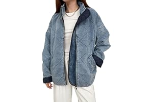 Ladies Coats Women's Oversized Quilted Denim Jacket Zip Up with Pockets