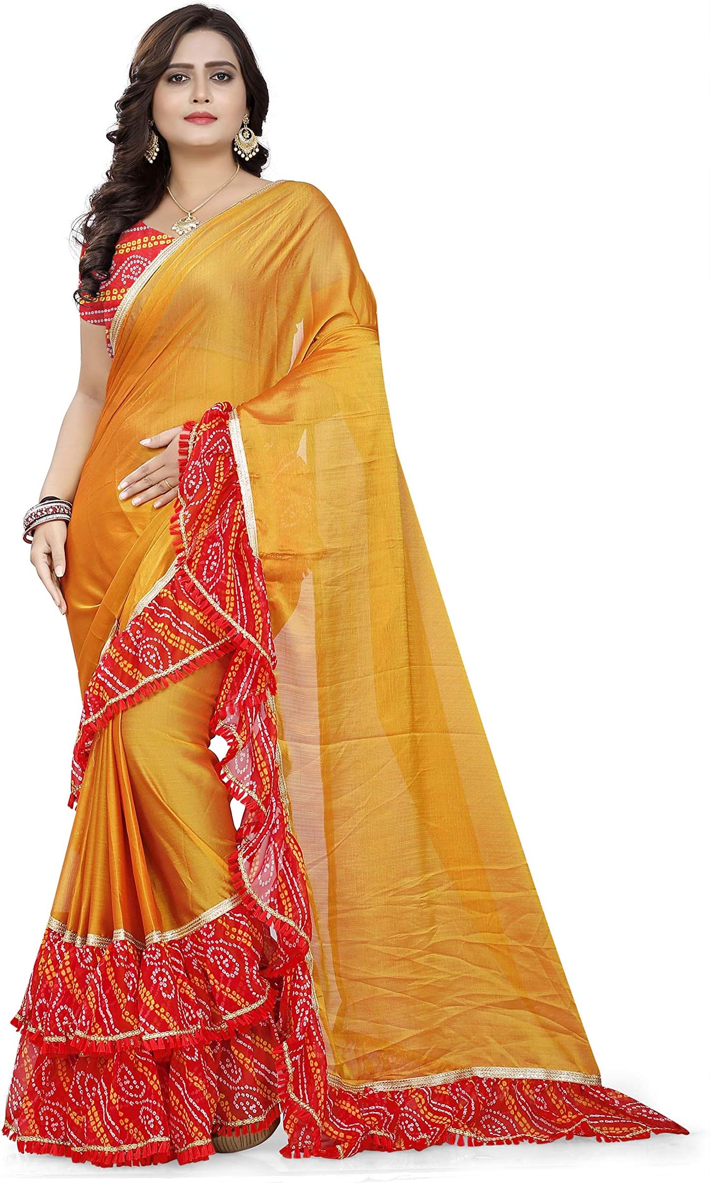 Riva Enterprise Women's Chiffon Ruffle Saree With Bandhej frill Saree(Riva514_517_$p)