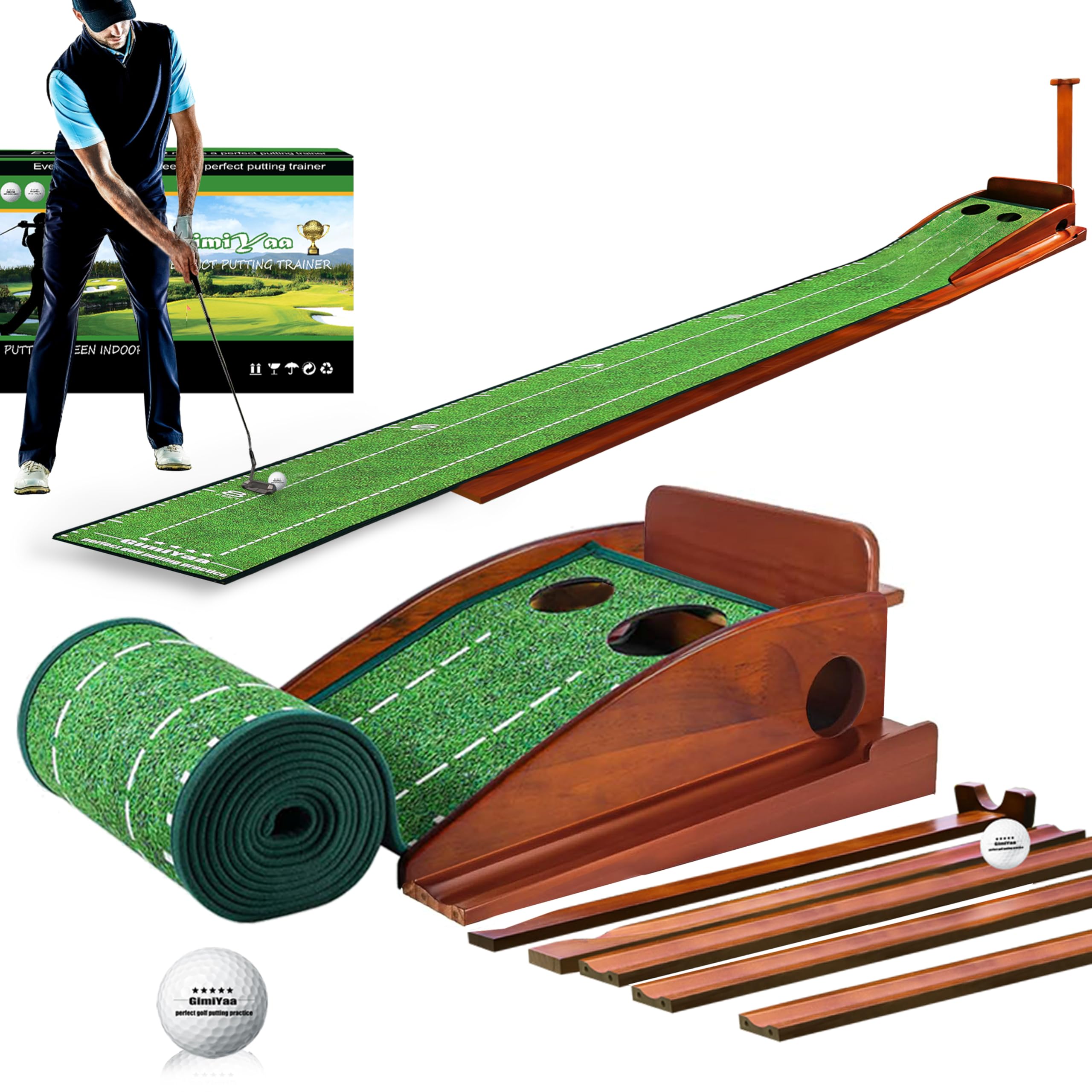 GimiYaa Indoor Putting Green and Outdoor with Auto Ball Return, Golf Greens for use mat Office, Backyard Crystal Velvet Solid Wood Base, LIGHT BROWN, (GEFQD002) Image