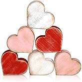 COCHIE Wooden Valentine's Day Hearts Decorations Indoor, Wood Heart Blocks Tiered Tray Decor Set of 6, Red Pink White Valentine Decoration for Home Party Office Shelf Mantle (Vintage)