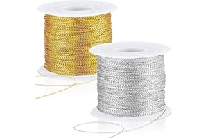 JUNEBRUSHS 218 Yards Christmas Metallic Ornament String, Christmas Cording Gold String Hanger for Crafts Ribbon Metallic Cord