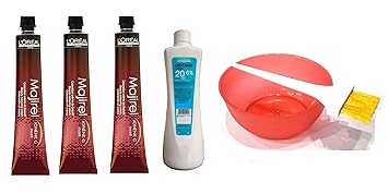 L'Oreal Majirel Hair Color Tube + Developer + Mixing Bowl + Dye Brush with Ayur Product in Combo , No 5.52 -Light Mahogany Iridescent Brown - Set of 4