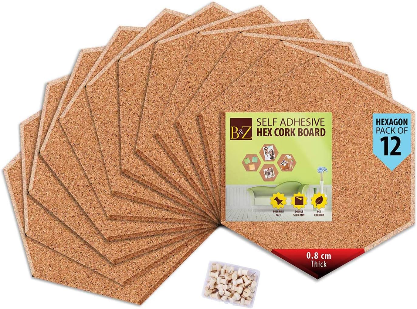 B&Z Self Adhesive Sticky Cork Board Hexagon Tiles Mini Wall Bulletin Boards Pin Message Notice Board Office Memo School Pinboard Wooden Push Pin Hexagon Rounded Curves (30cm x 26cm x 0.8cm) (12)