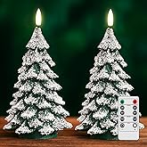 Velsyn Christmas Tree Candles Covered in Snow with Remote, 2 Pcs Waxy LED Flameless Candles Flickering, Green Electric Candles Battery Operated for New Year Celebration Holiday Decorations 8.5 Inches