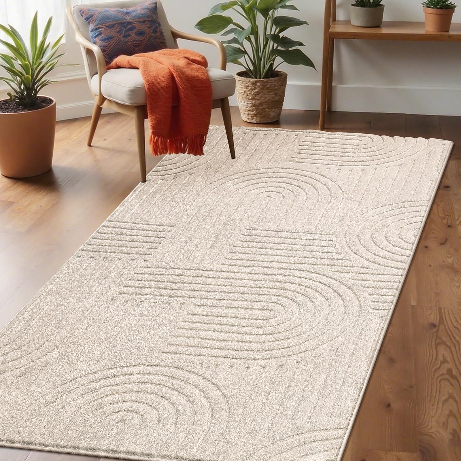 Enyhom Area Rug Soft Modern Indoor Shaggy Floor Rug Non Slip Kid Pet Friendly Carpet Rug Non Shedding Washable Stain Resistant Beige Area Carpet Mat for Living Room Bedroom Hallway, 80 x 150 cm
