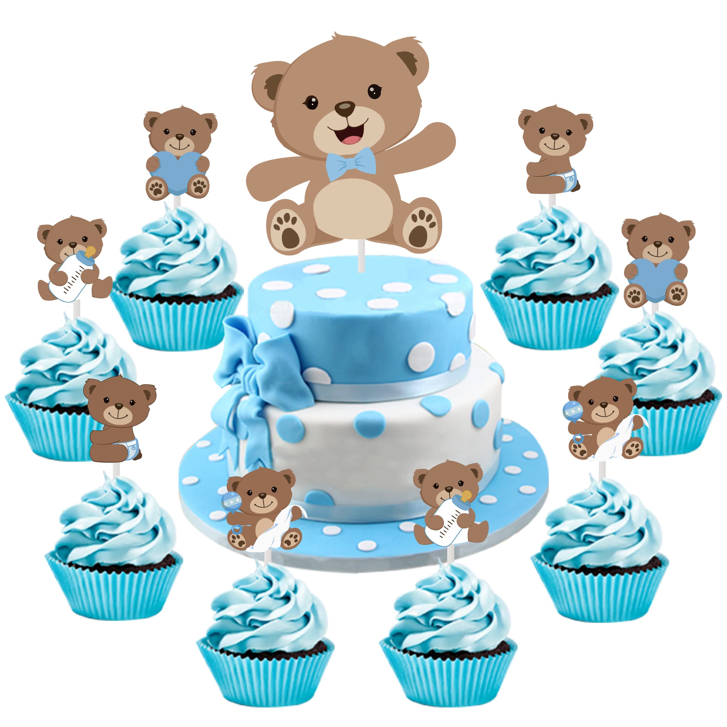 25PCS Teddy Bear Baby Shower Cake Topper Double Sided Print with Bear Cupcake Toppers Brown for Bear Theme Gender Reveal Neutral Party Supplies