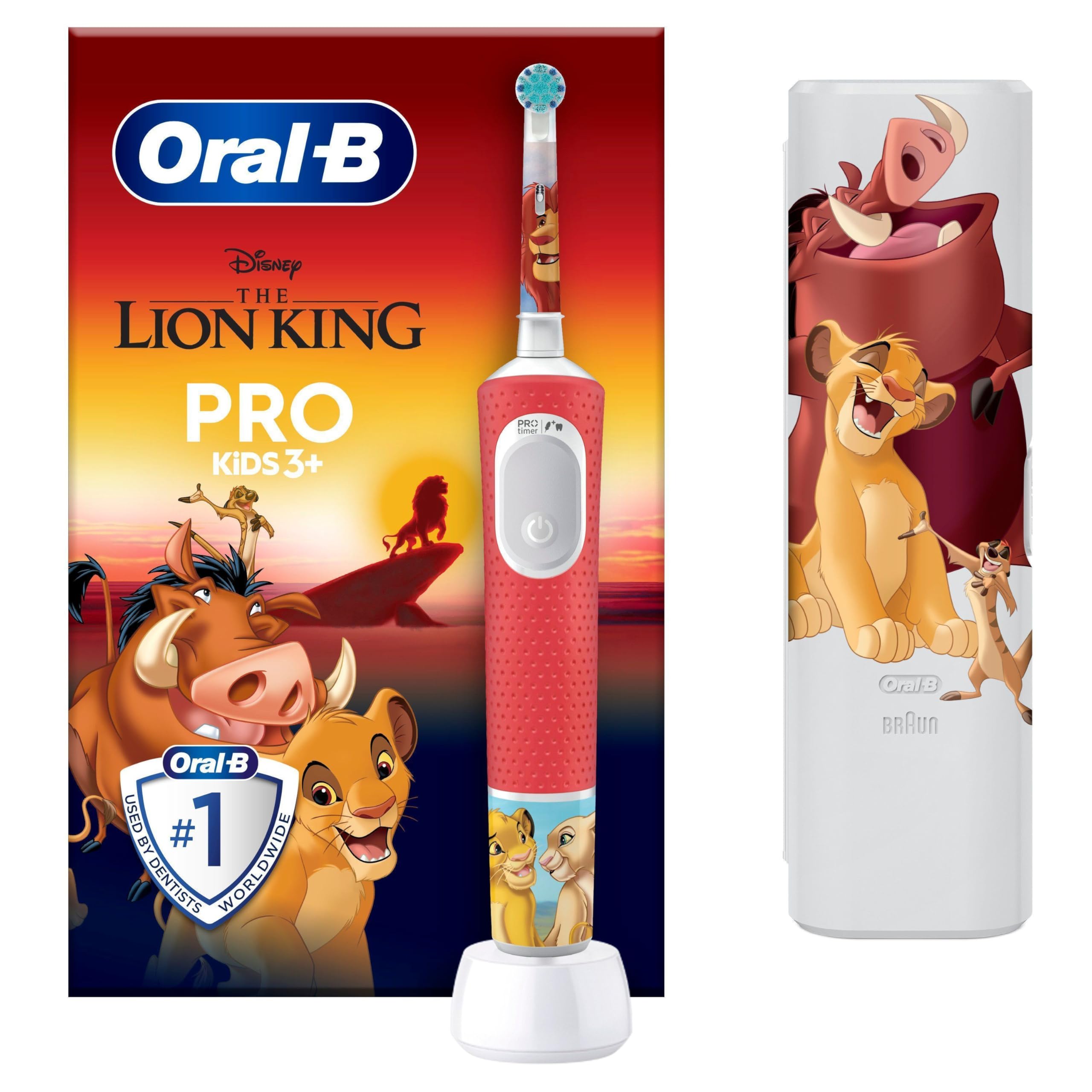 Oral-B Pro Kids König der Löwen Elektrische Zahnbürste für Kinder — Electric Toothbrush ab 3 Jahren inkl. 1 Aufsteckbürste, Reise-Etui und 2 Putzmodi für Zahnpflege, Weiß/Rot