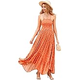 R.Vivimos Women's Summer Maxi Dress Spaghetti Strap Boho Floral Print Smocked Backless Casual Ruffle Flowy Long Dresses