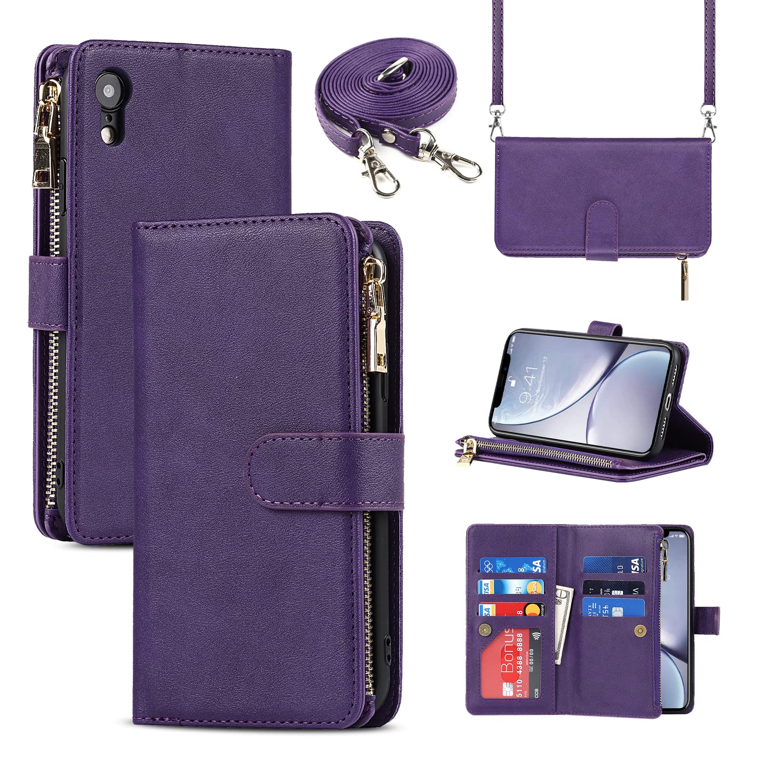 Cavor Crossbody iPhone XR Case With Card Holder With Strap,Flip Leather Wallet Case,[9 Card Holder] Zipper Detachable Lanyard Phone Case Cover for Women for iPhone XR - Purple — image 1