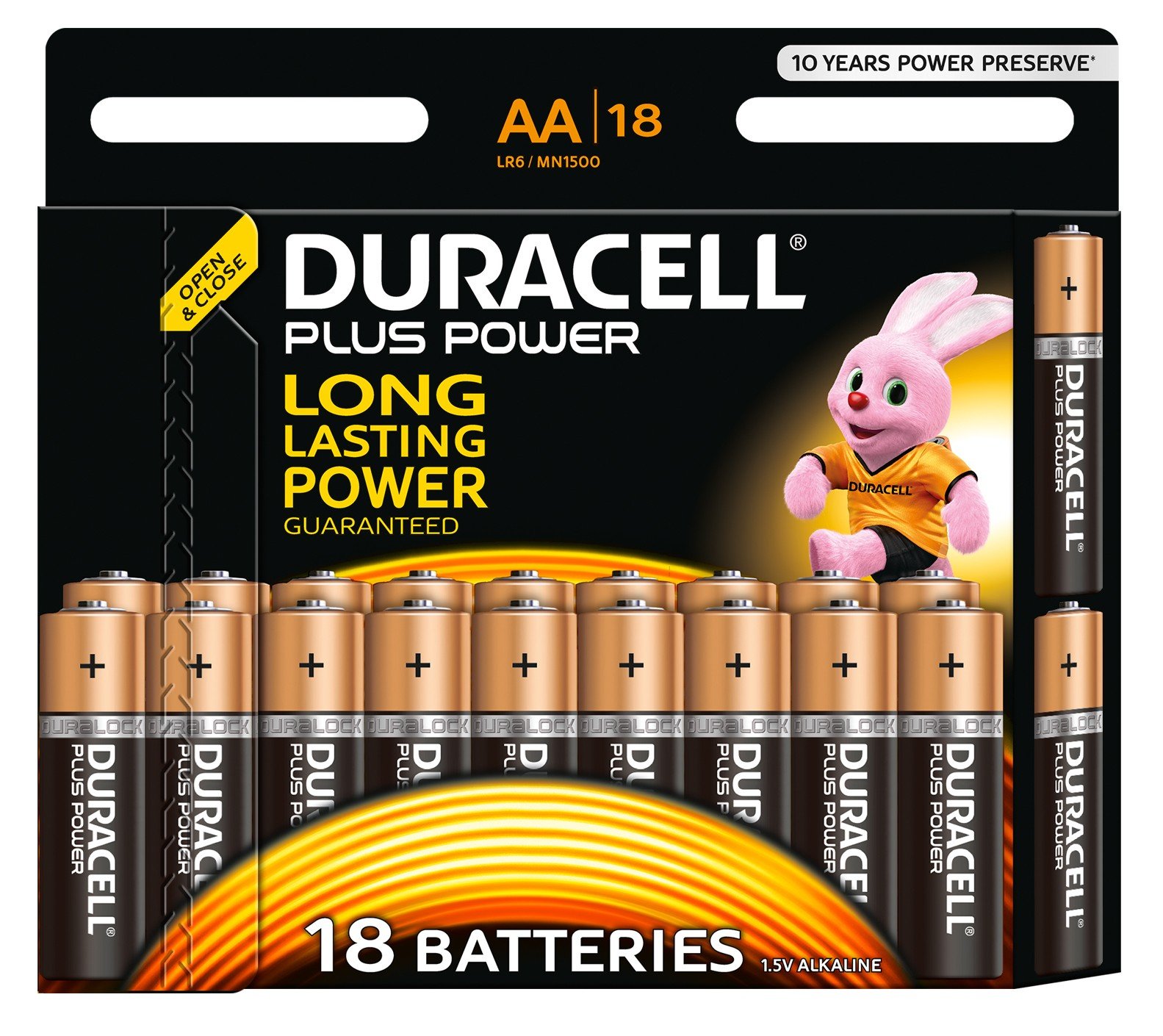 Duracell Plus Power Alkaline 1.5 V Batteries – Alkaline, Cylindrical, AA, Black, Gold, Blister)
