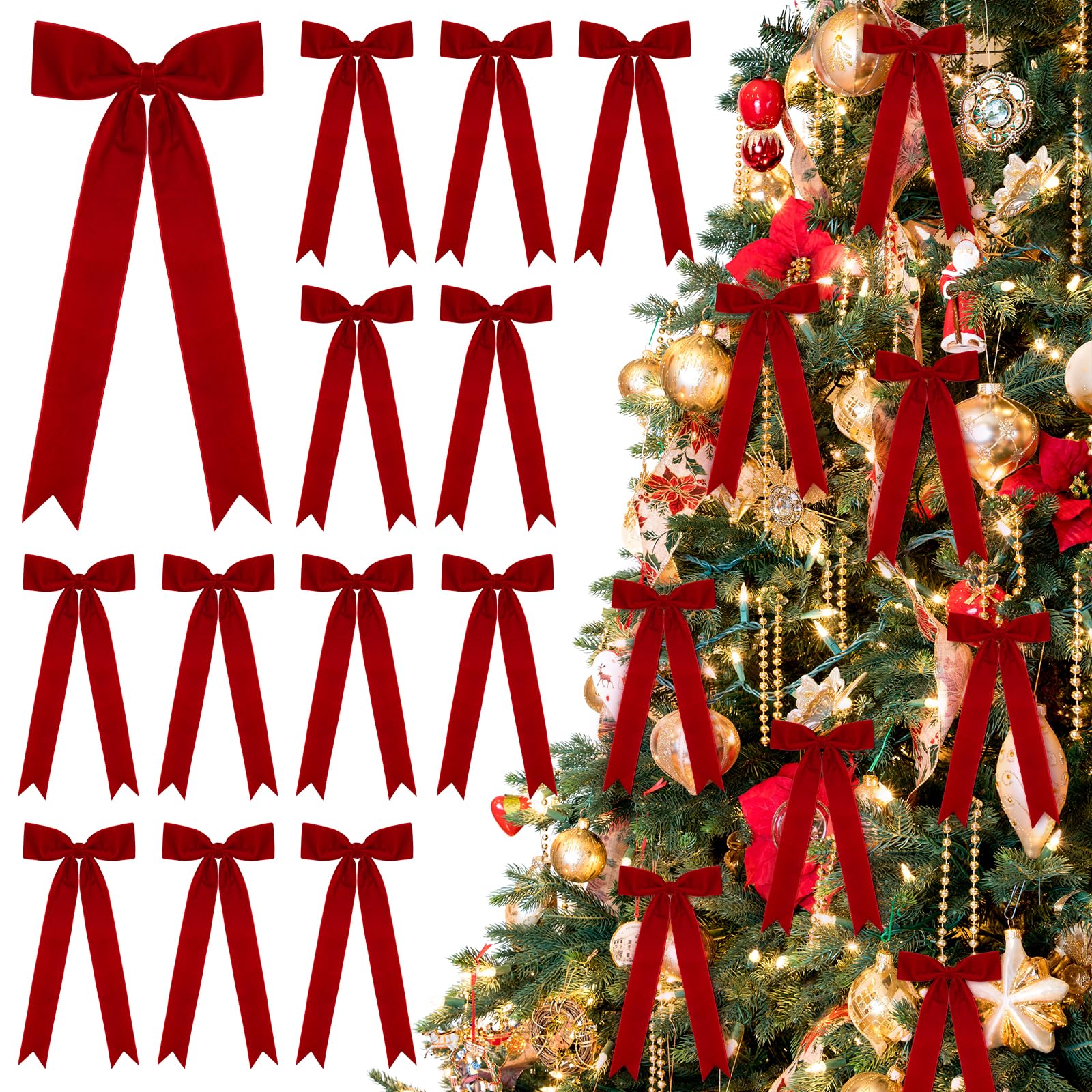 Photo 1 of 12 Pcs Christmas Red Velvet Bows, Vintage Large Ribbon Bows Christmas Tree Decorations Xmas Ornaments for Tree Home Garland Wreath Fireplace Front Door, Gift Wrapping, Xmas Party, Holiday Decorations