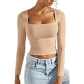 SUUKSESS Women Square Neck Long Sleeve Tops Double Lined Going Out T Shirts